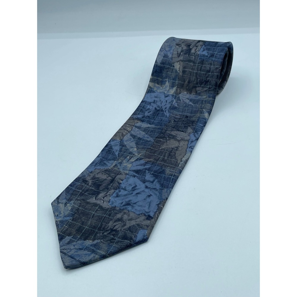 Ermenegildo Zegna Silk Tie Blue Grey Abstract Floral Grid Made in Italy Mens